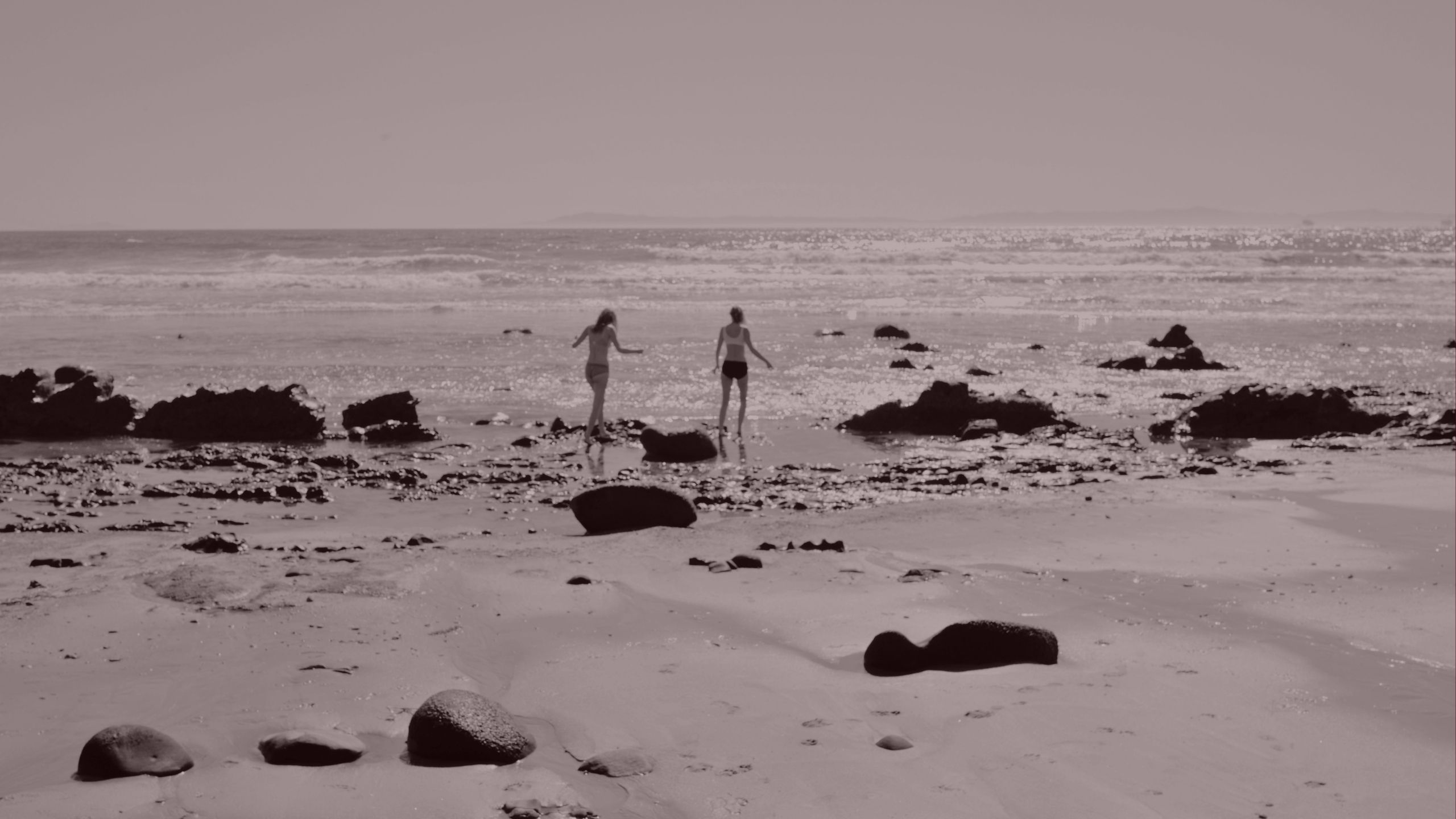 Two women playing together at the edge of the ocean
